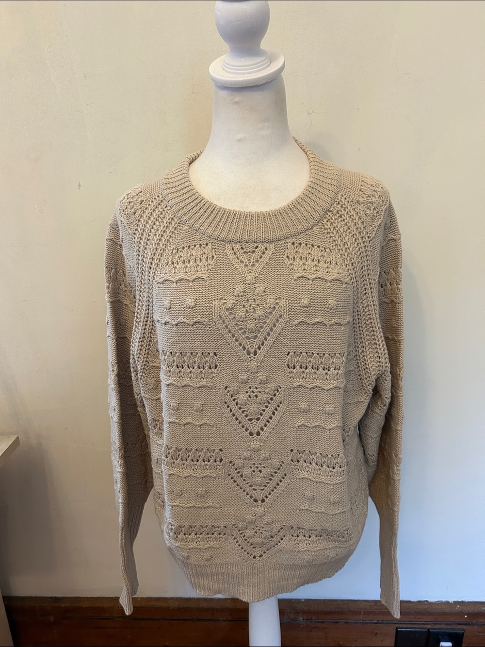ANA Women's Beige Textured Open-Knit Crewneck Sweater Size L EUC